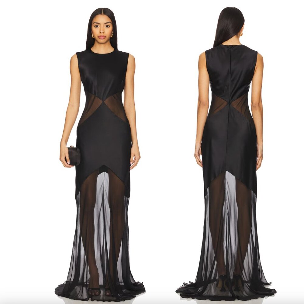 NEW Alejandra Alonso Rojas Abstract Sheer Gown Black Formal Maxi Dress 4 Small